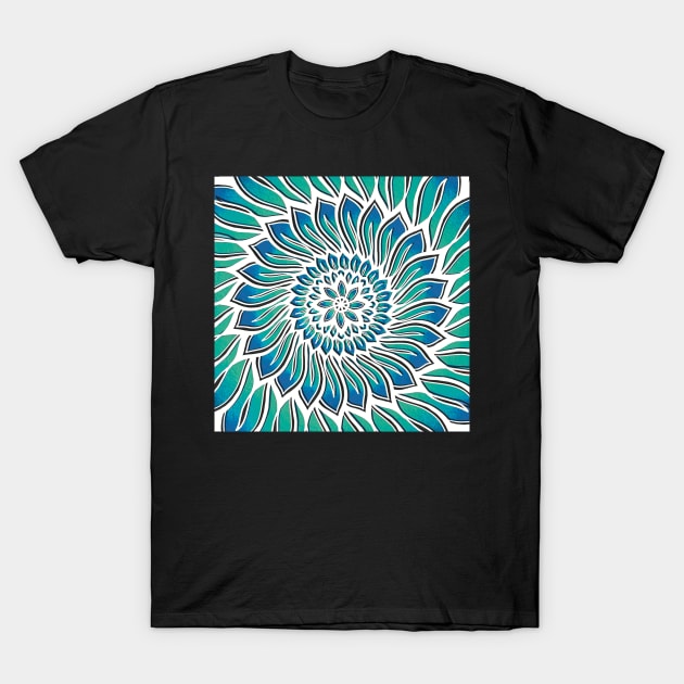 Blue Floral Lagoon Mandala - Intricate Digital Illustration - Colorful Vibrant and Eye-catching Design for printing on t-shirts, wall art, pillows, phone cases, mugs, tote bags, notebooks and more T-Shirt by cherdoodles